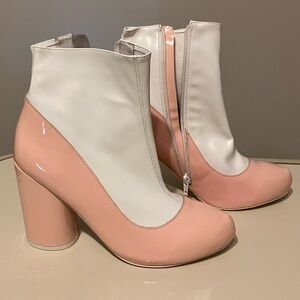 Jeffrey Campbell Pink and White Heeled GoGo Boots Patent